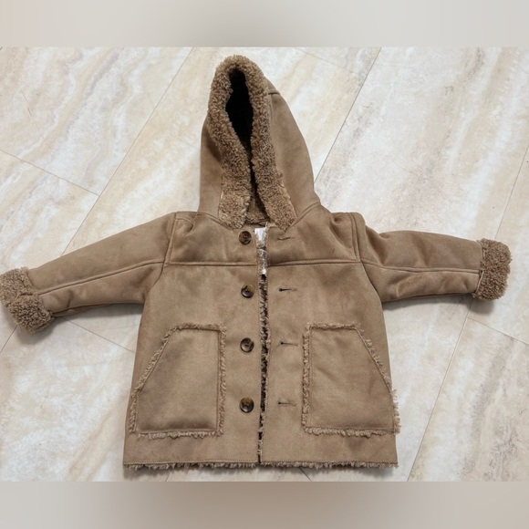 NWT ZARA toddler tan faux suede shearling hooded tan button up coat (9-12 mths) - Picture 2 of 8